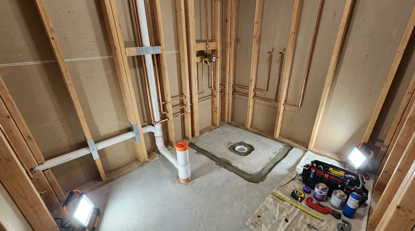 Bathroom rough-in plumbing during remodel by Johns Plumbing LLC in Mancos