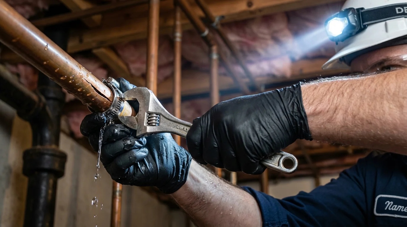 Emergency pipe clamp repair being performed by a Johns Plumbing LLC plumber in Mancos