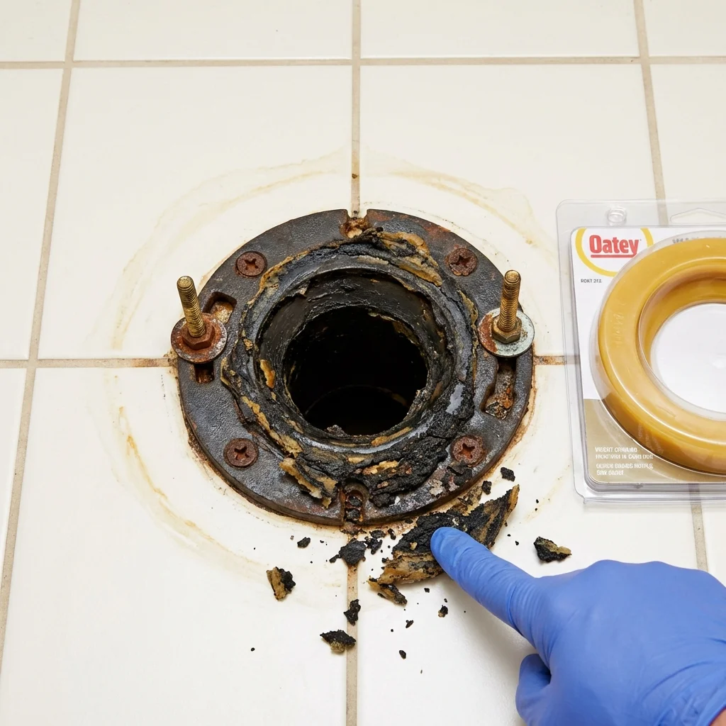 Failed wax ring showing water seepage at the base of a toilet in a Mancos, CO home